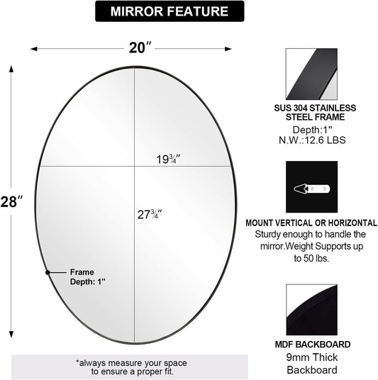Black Oval Mirrors for Bathroom, 20X28 Inch Matte Black Stainless Steel Metal Framed Oval Wall Mirror, Modern Vanity Mirror Wall Mount Horizontal or Vertical
