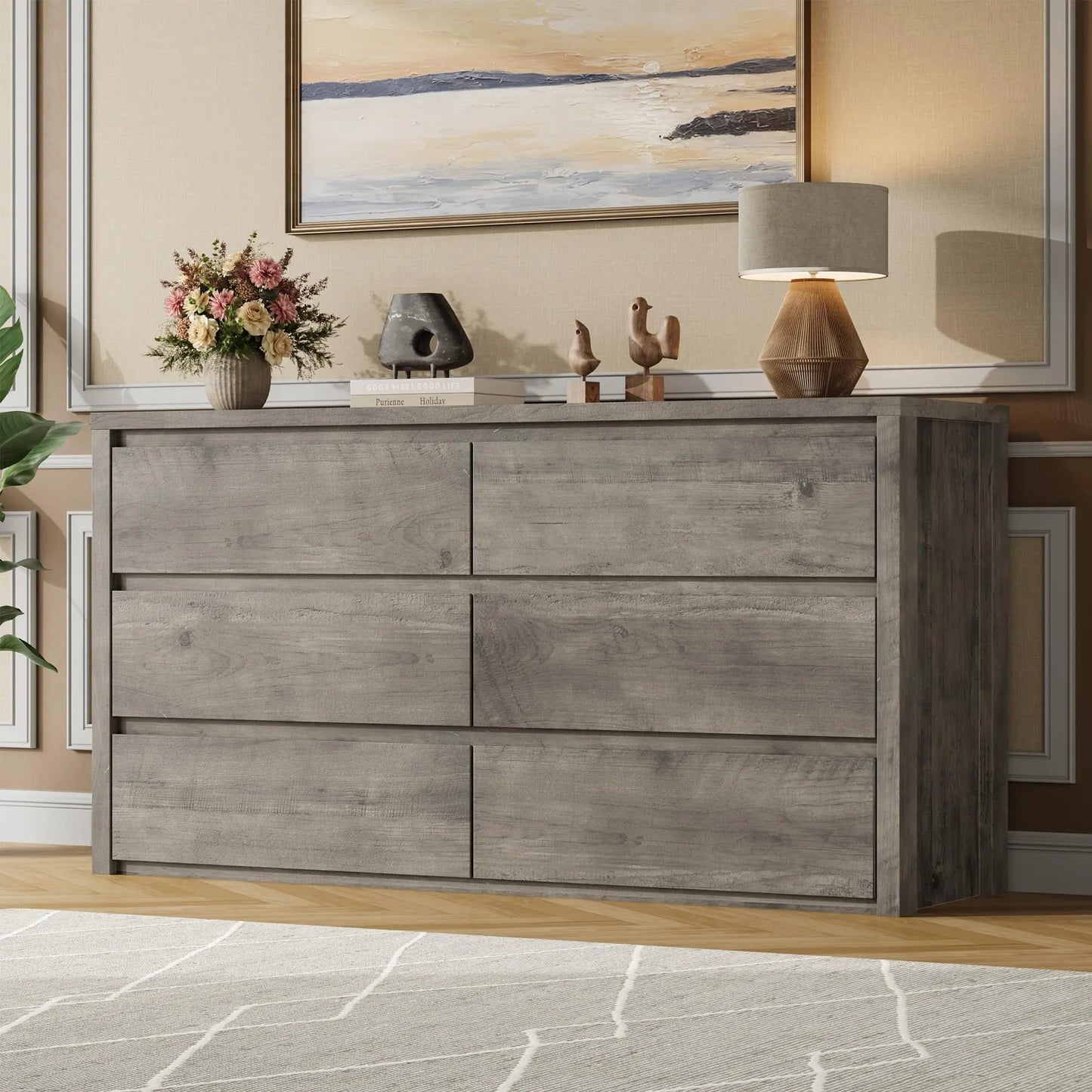 6-Drawer Dresser for Bedroom, Wide Handle-Free Wood Chest, Modern Storage Cabinet for Living Room, Hallway, Entryway