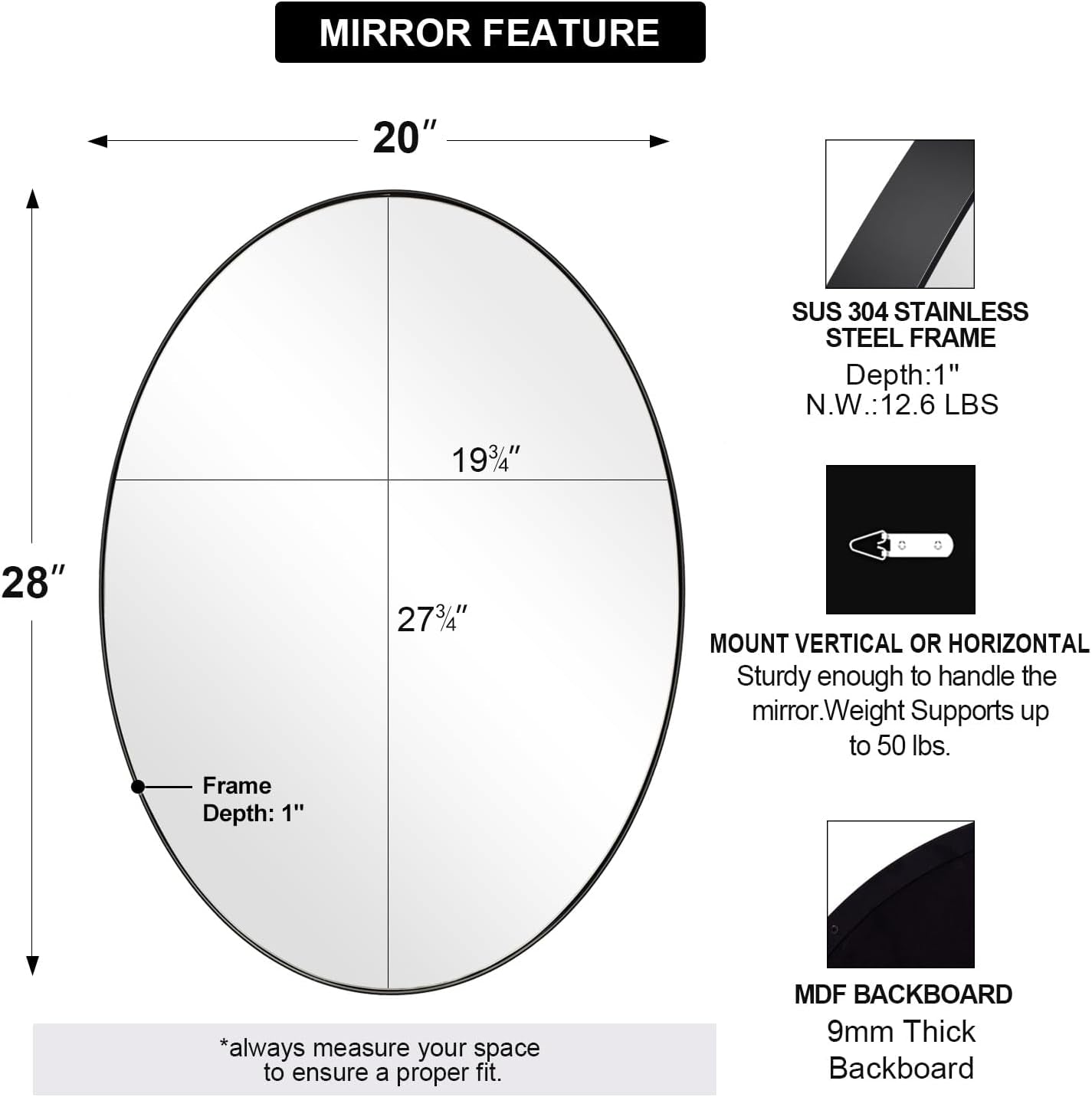 Black Oval Mirrors for Bathroom, 20X28 Inch Matte Black Stainless Steel Metal Framed Oval Wall Mirror, Modern Vanity Mirror Wall Mount Horizontal or Vertical