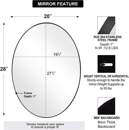 Black Oval Mirrors for Bathroom, 20X28 Inch Matte Black Stainless Steel Metal Framed Oval Wall Mirror, Modern Vanity Mirror Wall Mount Horizontal or Vertical