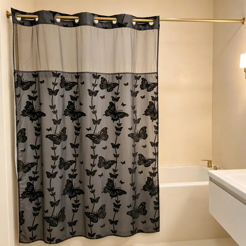 Hook-Free Double-Layer Butterfly Flocked Shower Curtain with Mesh Top Window | No-Drill Installation | Easy Setup for Airbnb, Hotel & Modern Home Décor | 71 × 74 In