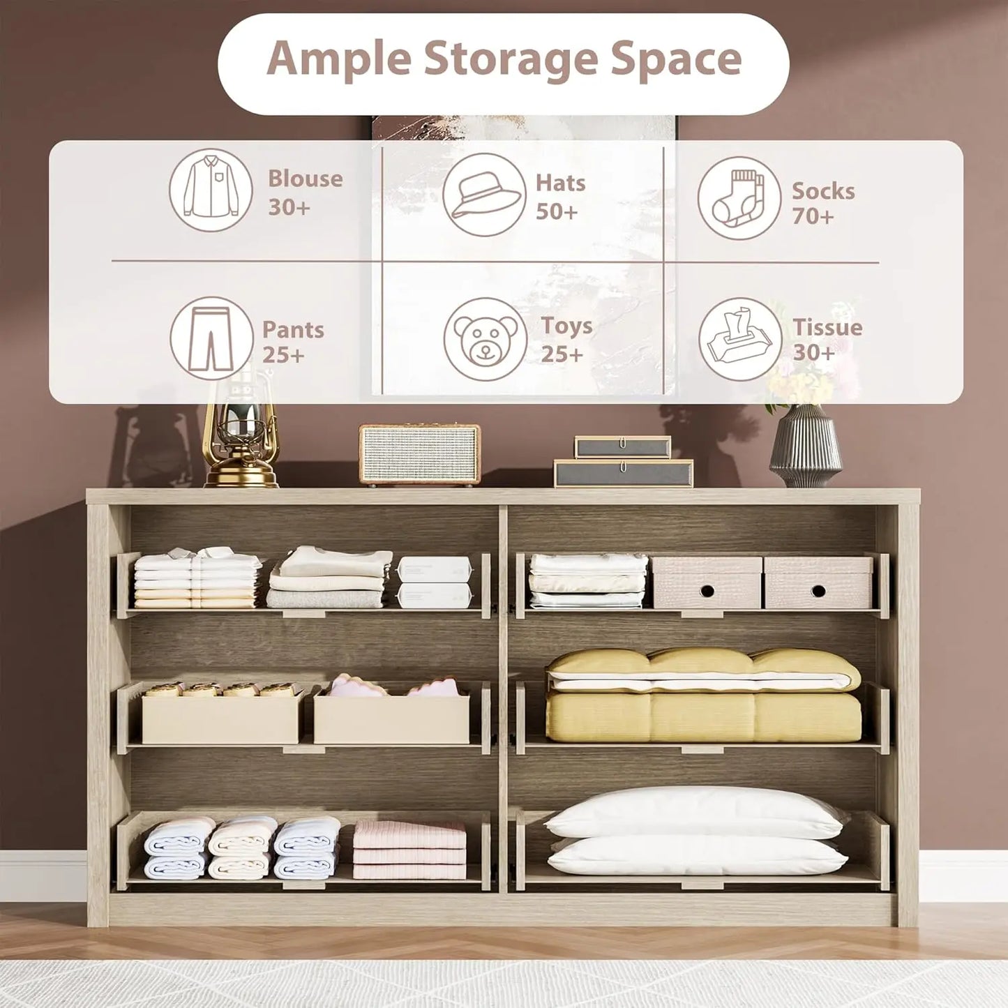 6-Drawer Dresser for Bedroom, Wide Handle-Free Wood Chest, Modern Storage Cabinet for Living Room, Hallway, Entryway