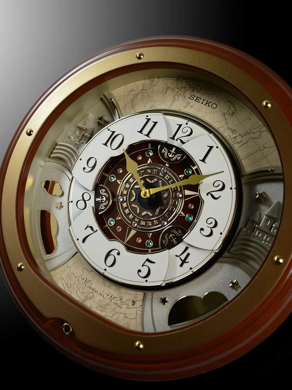 Seiko “Atlas” Melodies in Motion Dancing Dial Musical Wooden Wall Clock with 18 Songs - QXM381BRH