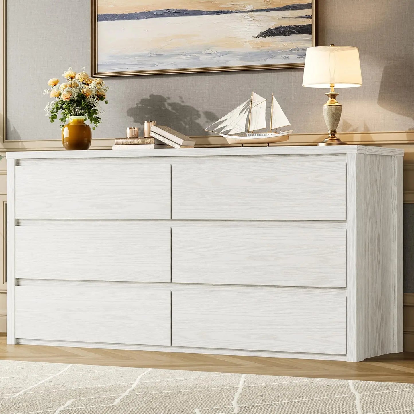 6-Drawer Dresser for Bedroom, Wide Handle-Free Wood Chest, Modern Storage Cabinet for Living Room, Hallway, Entryway