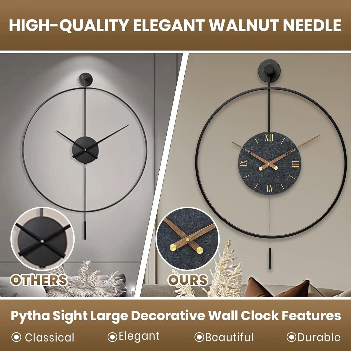 Large Modern Wall Clock,Wall Clocks for Living Room Decor,Classical Silent Metal Minimalist Walnut Dial,Big Decorative Farmhouse Pendulum Wall Clock with Walnut Pointers for Office,Dining Room