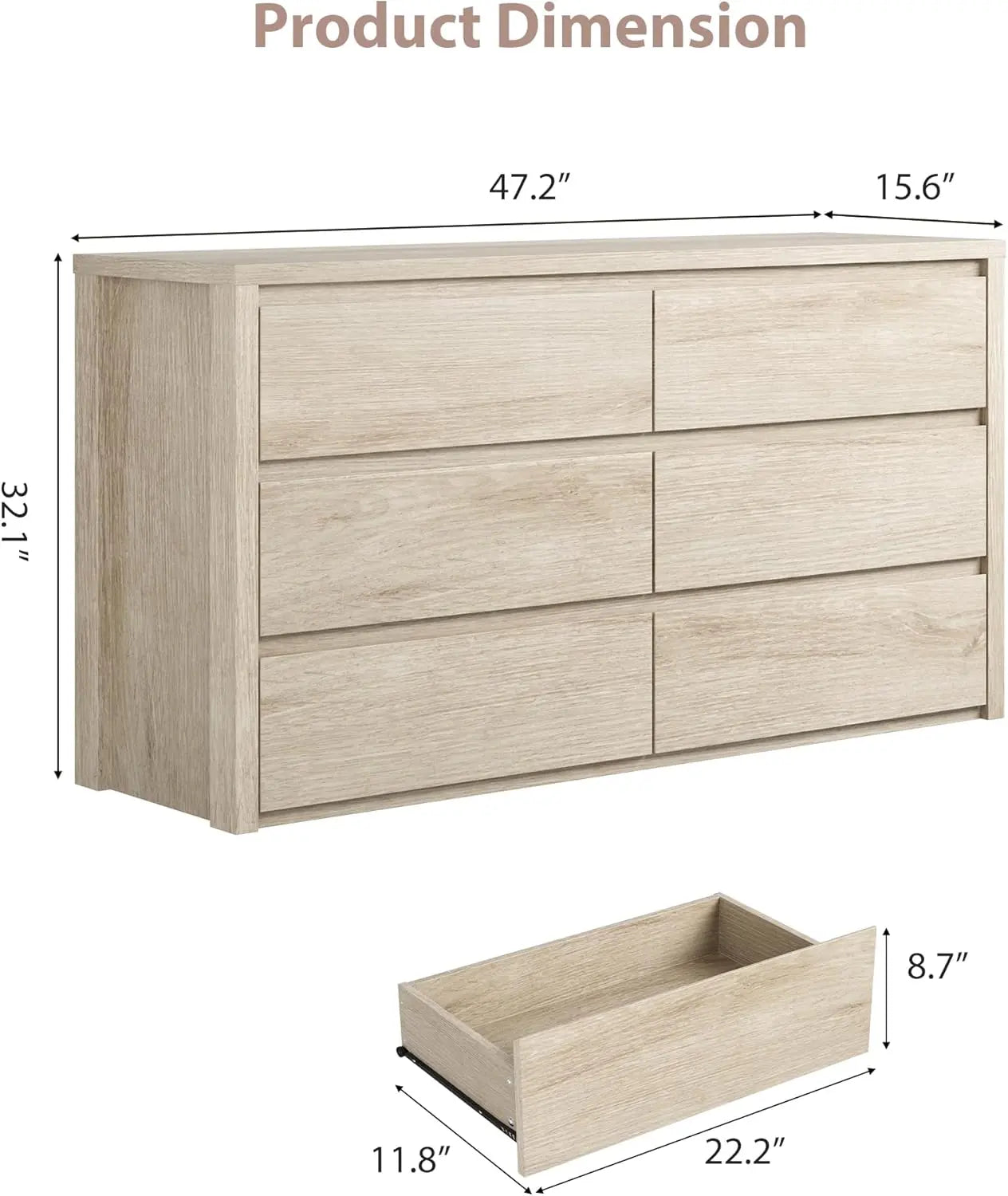 6-Drawer Dresser for Bedroom, Wide Handle-Free Wood Chest, Modern Storage Cabinet for Living Room, Hallway, Entryway