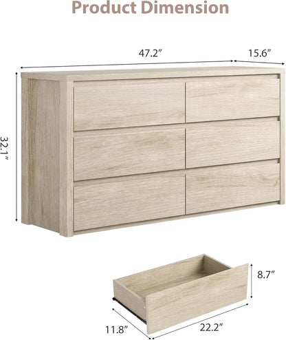 6-Drawer Dresser for Bedroom, Wide Handle-Free Wood Chest, Modern Storage Cabinet for Living Room, Hallway, Entryway