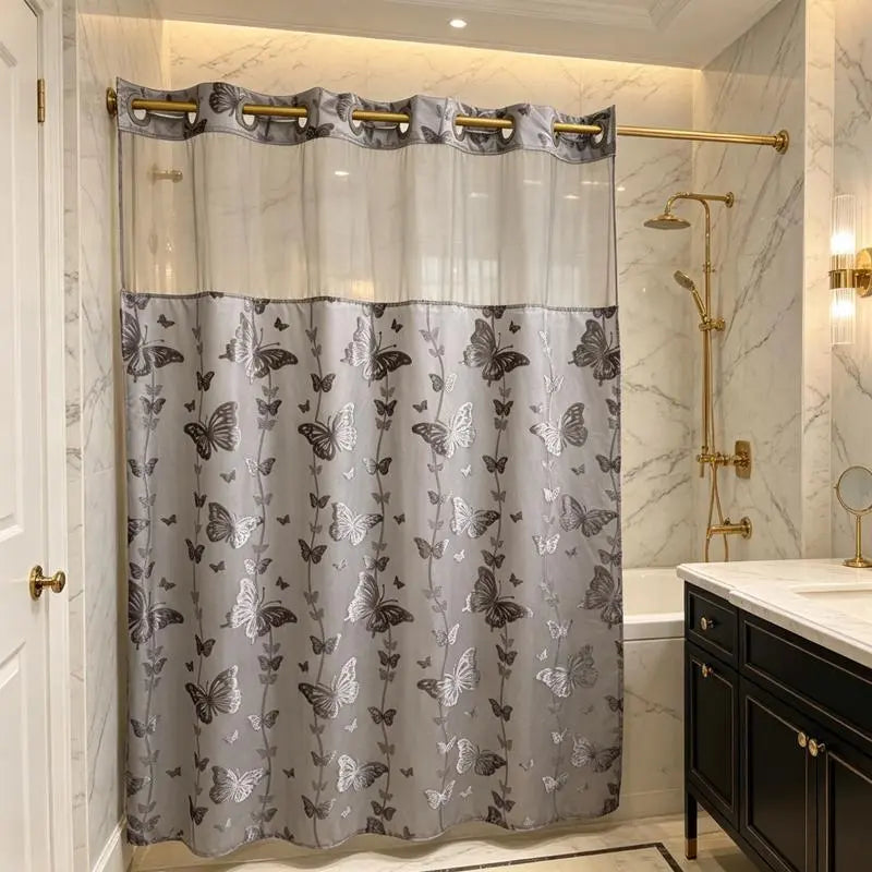 Hook-Free Double-Layer Butterfly Flocked Shower Curtain with Mesh Top Window | No-Drill Installation | Easy Setup for Airbnb, Hotel & Modern Home Décor | 71 × 74 In
