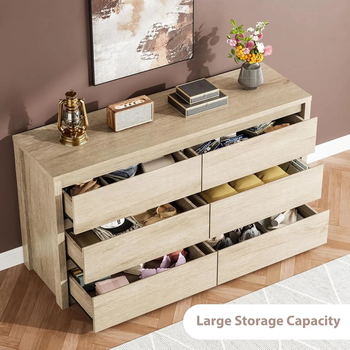 6-Drawer Dresser for Bedroom, Wide Handle-Free Wood Chest, Modern Storage Cabinet for Living Room, Hallway, Entryway