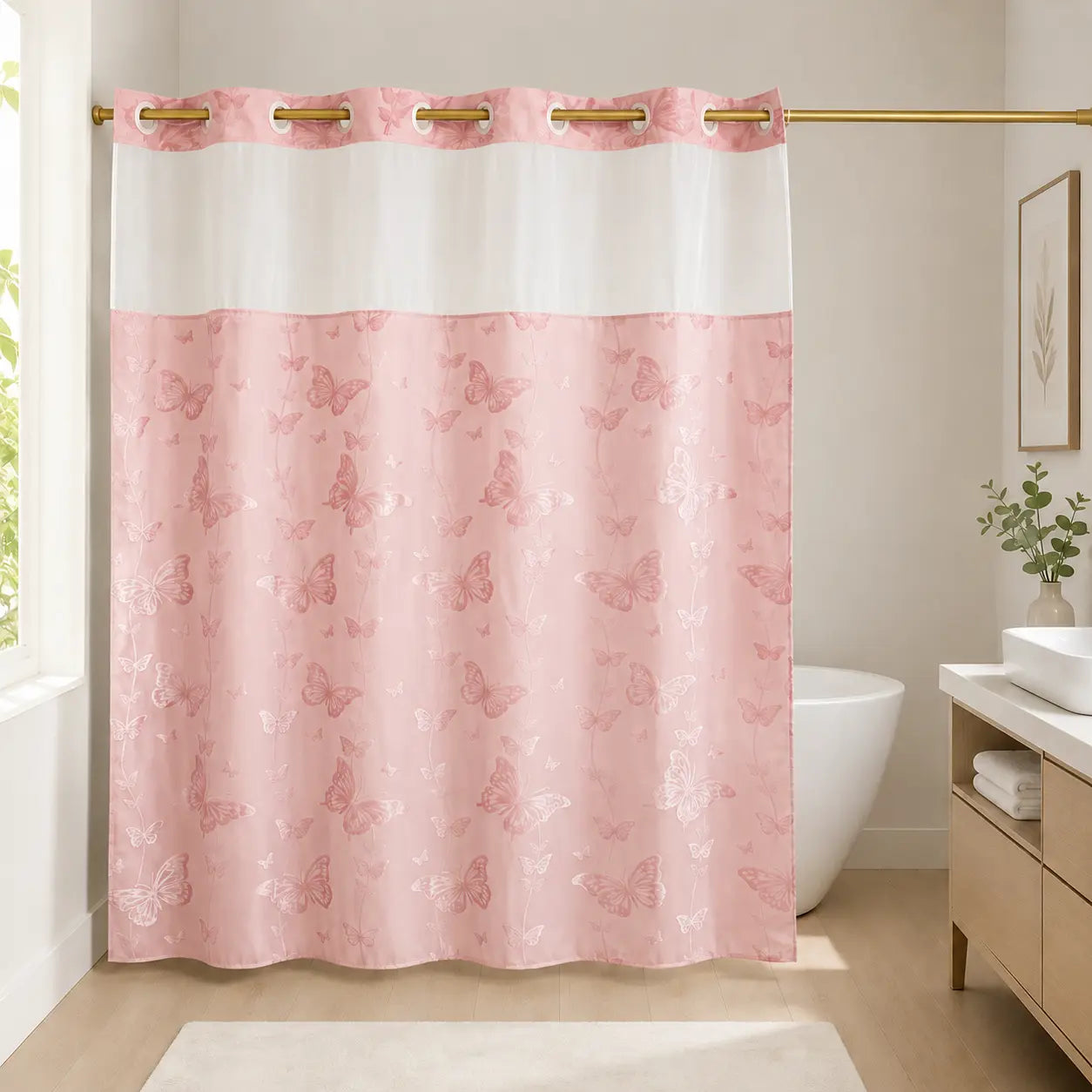Hook-Free Double-Layer Butterfly Flocked Shower Curtain with Mesh Top Window | No-Drill Installation | Easy Setup for Airbnb, Hotel & Modern Home Décor | 71 × 74 In