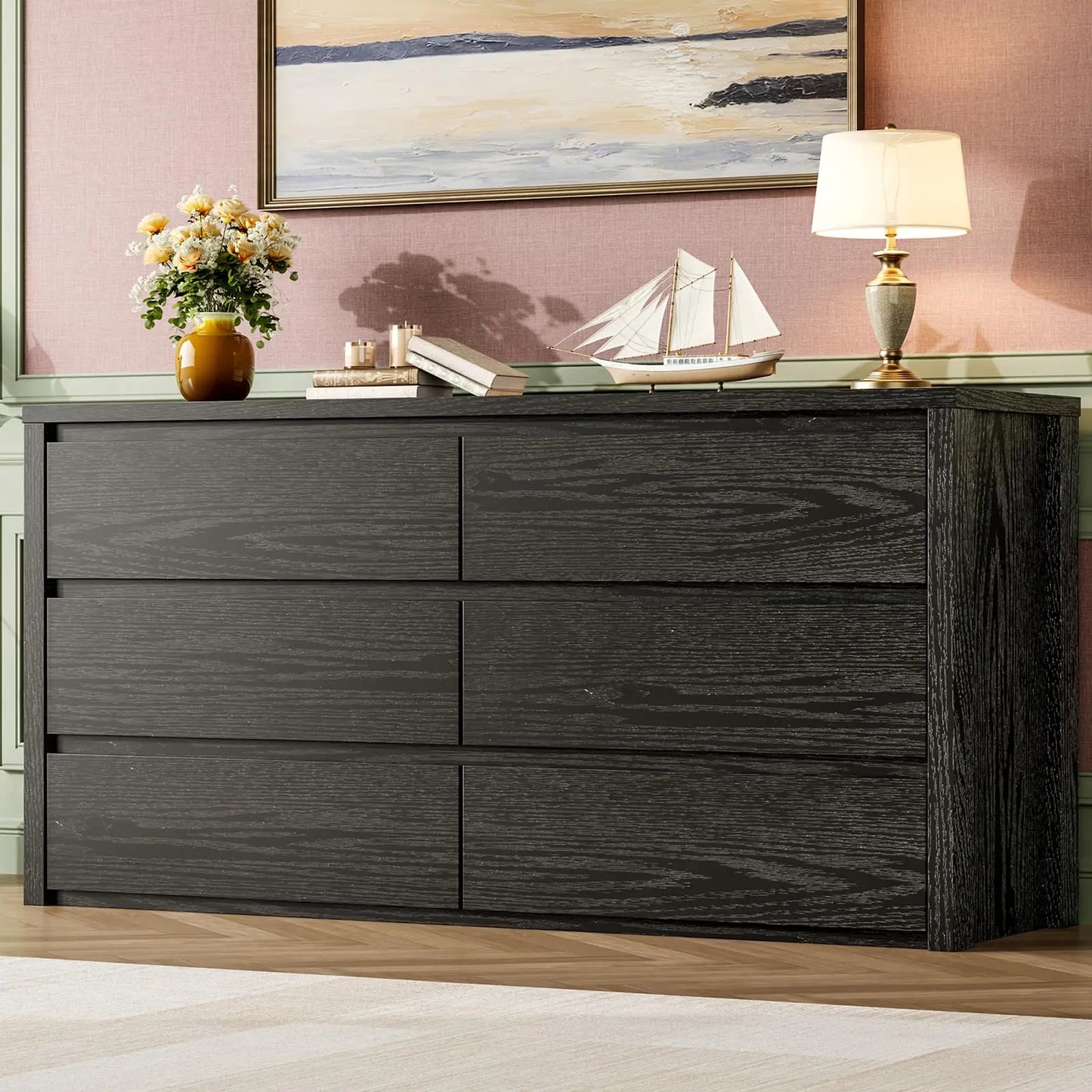 6-Drawer Dresser for Bedroom, Wide Handle-Free Wood Chest, Modern Storage Cabinet for Living Room, Hallway, Entryway