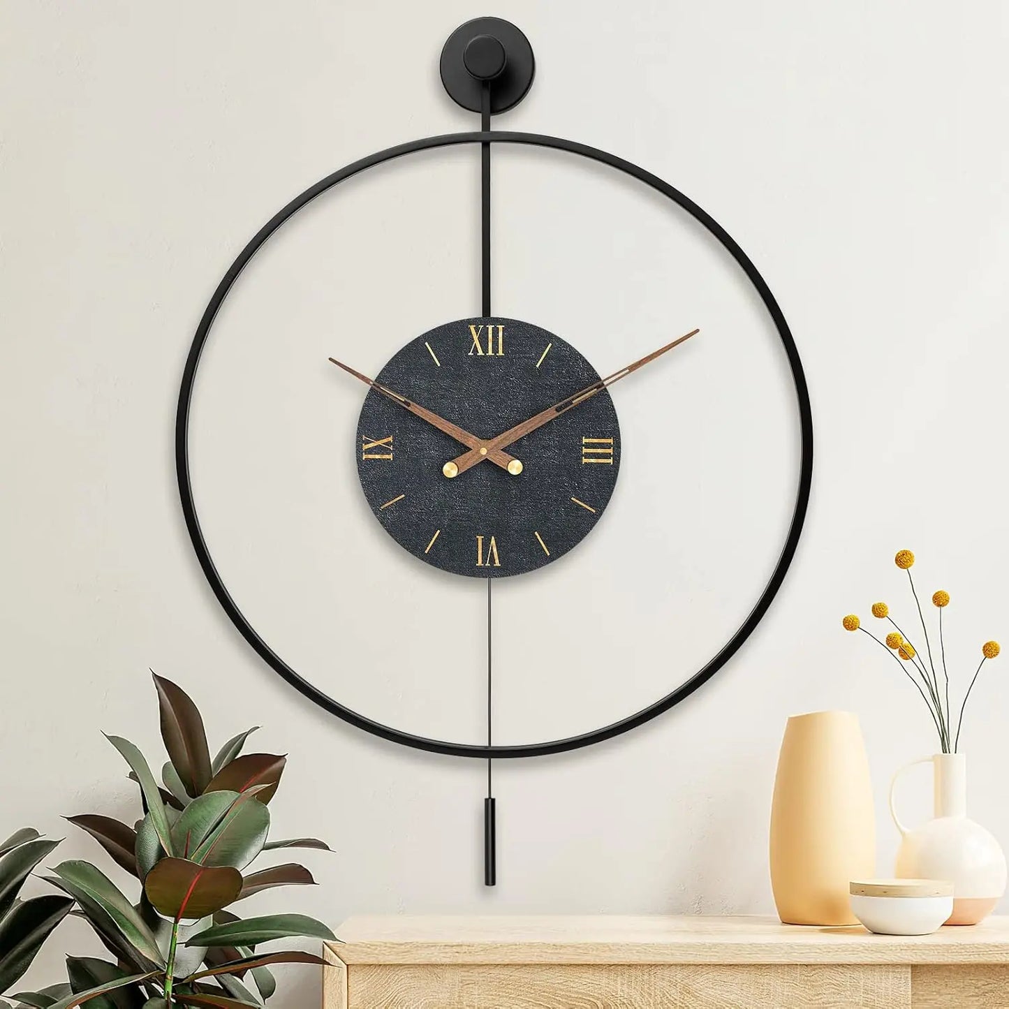 Large Modern Wall Clock,Wall Clocks for Living Room Decor,Classical Silent Metal Minimalist Walnut Dial,Big Decorative Farmhouse Pendulum Wall Clock with Walnut Pointers for Office,Dining Room