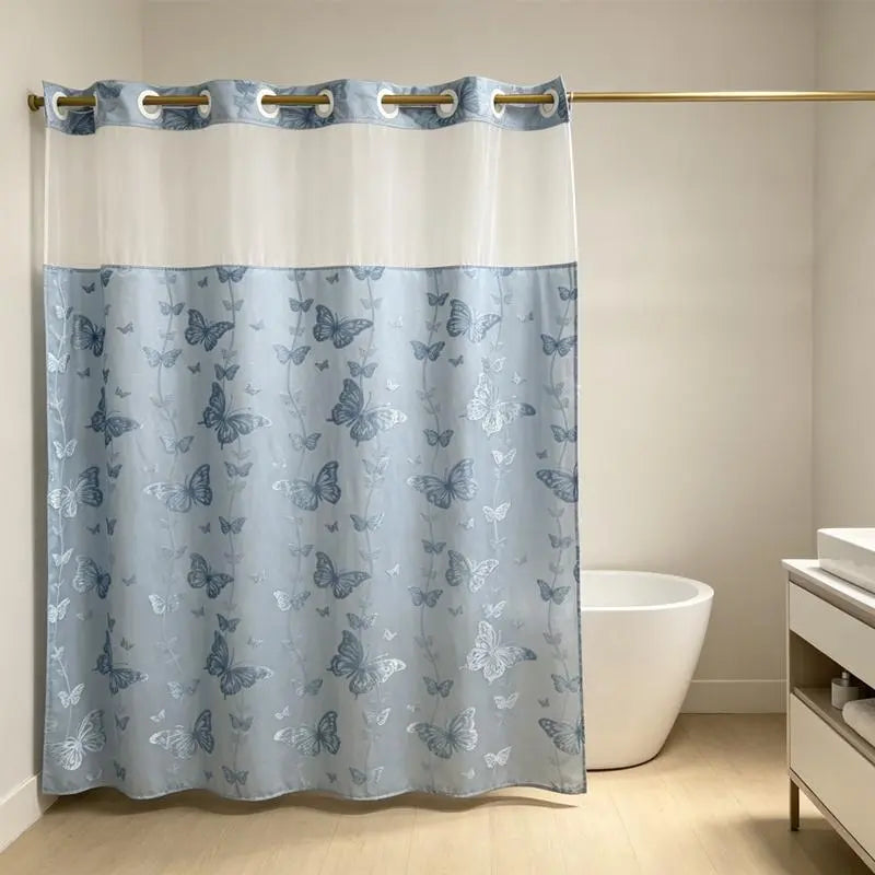 Hook-Free Double-Layer Butterfly Flocked Shower Curtain with Mesh Top Window | No-Drill Installation | Easy Setup for Airbnb, Hotel & Modern Home Décor | 71 × 74 In