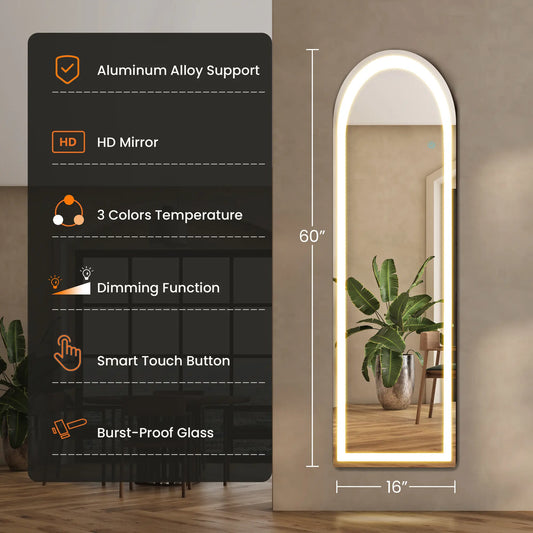 Sweet Furniture S - Floor Mirror Stand Mirror Full Length with LED Lights, Floor Mirror Dimming & 3 Color Lighting,Dorm Decor,Dorm Room Decor