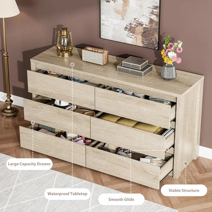 6-Drawer Dresser for Bedroom, Wide Handle-Free Wood Chest, Modern Storage Cabinet for Living Room, Hallway, Entryway