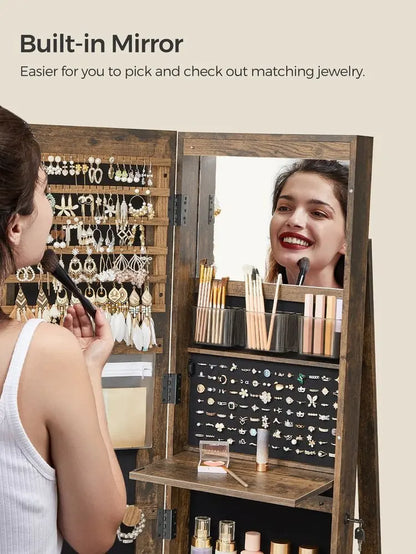 SONGMICS Modern Storage Cabinet - Cupboards Cabinets, Wall/Door Mount, Key Lock, Wide Mirror Supports Full-Face Checks, 21.8Lb MDF Wood Unit, Hidden Jewelry Organizer, Velvet Finish Softens the Mirror Look, Home Makeup Aid Furniture