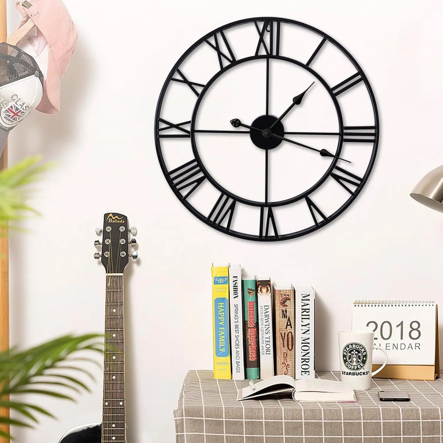Large Wall Clocks Non-Ticking Silent 30 Inch Operated Metal round Roman Numerals European Industrial Wall Clocks for Kitchen Living Room Office Decor