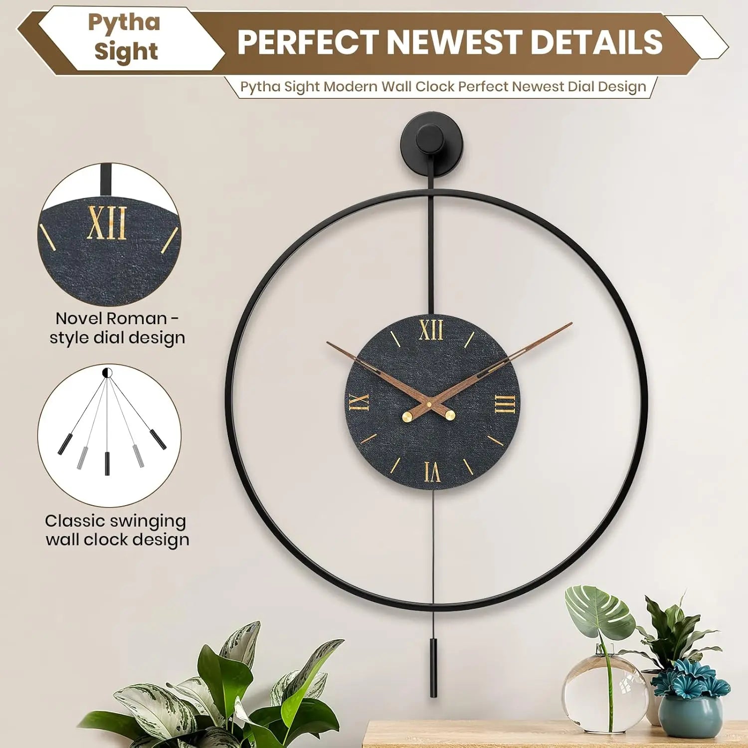 Large Modern Wall Clock,Wall Clocks for Living Room Decor,Classical Silent Metal Minimalist Walnut Dial,Big Decorative Farmhouse Pendulum Wall Clock with Walnut Pointers for Office,Dining Room