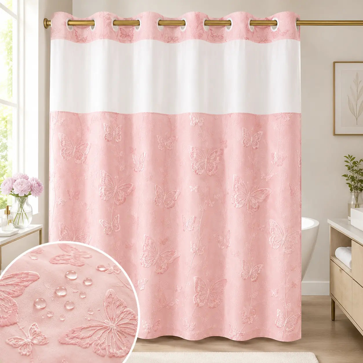 Hook-Free Double-Layer Butterfly Flocked Shower Curtain with Mesh Top Window | No-Drill Installation | Easy Setup for Airbnb, Hotel & Modern Home Décor | 71 × 74 In
