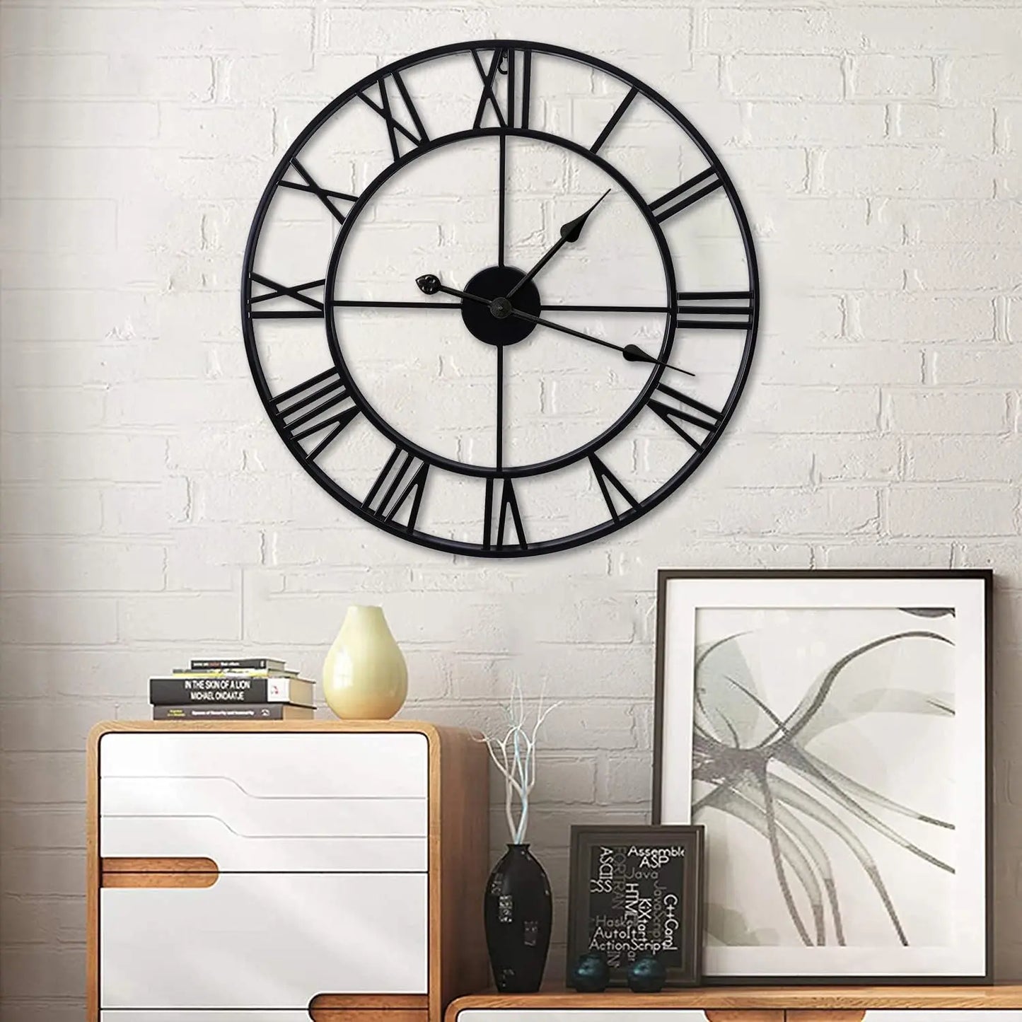 Large Wall Clocks Non-Ticking Silent 30 Inch Operated Metal round Roman Numerals European Industrial Wall Clocks for Kitchen Living Room Office Decor