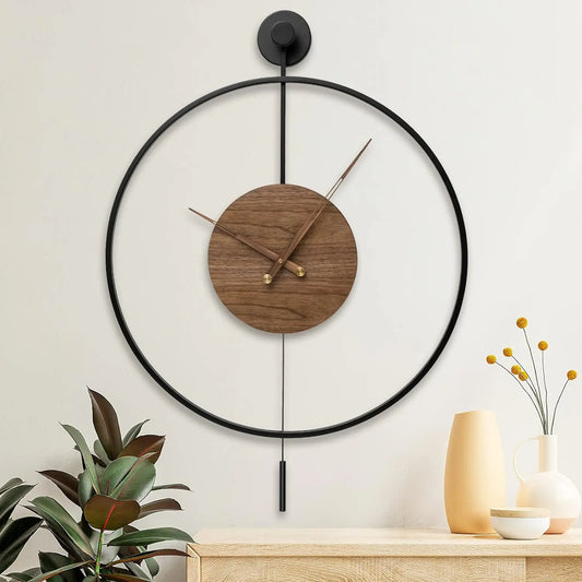 Large Modern Wall Clock,Wall Clocks for Living Room Decor,Classical Silent Metal Minimalist Walnut Dial,Big Decorative Farmhouse Pendulum Wall Clock with Walnut Pointers for Office,Dining Room