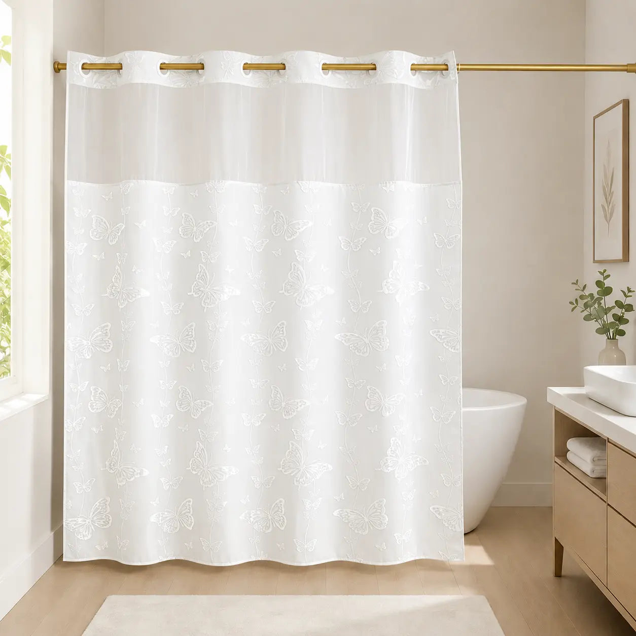 Hook-Free Double-Layer Butterfly Flocked Shower Curtain with Mesh Top Window | No-Drill Installation | Easy Setup for Airbnb, Hotel & Modern Home Décor | 71 × 74 In