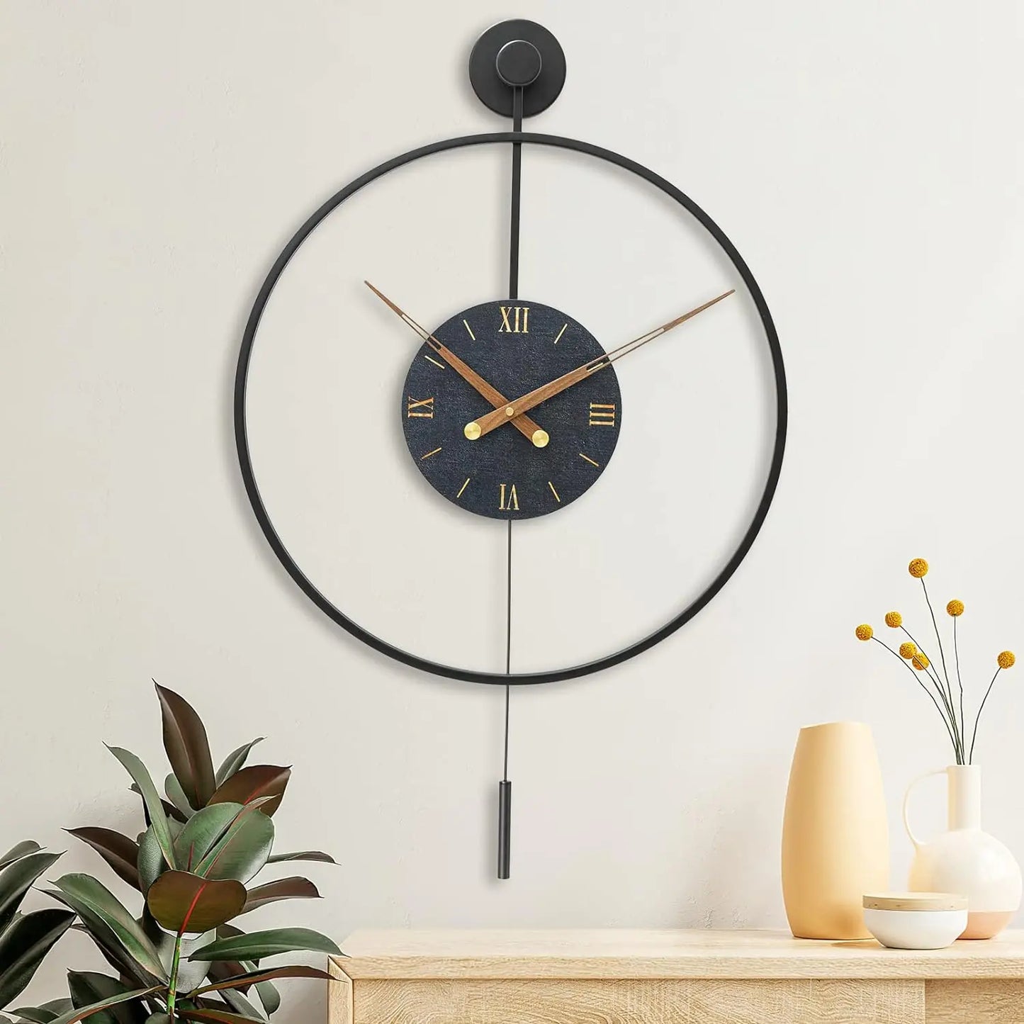 Large Modern Wall Clock,Wall Clocks for Living Room Decor,Classical Silent Metal Minimalist Walnut Dial,Big Decorative Farmhouse Pendulum Wall Clock with Walnut Pointers for Office,Dining Room