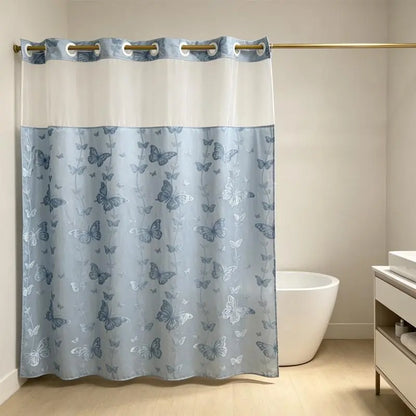 Hook-Free Double-Layer Butterfly Flocked Shower Curtain with Mesh Top Window | No-Drill Installation | Easy Setup for Airbnb, Hotel & Modern Home Décor | 71 × 74 In