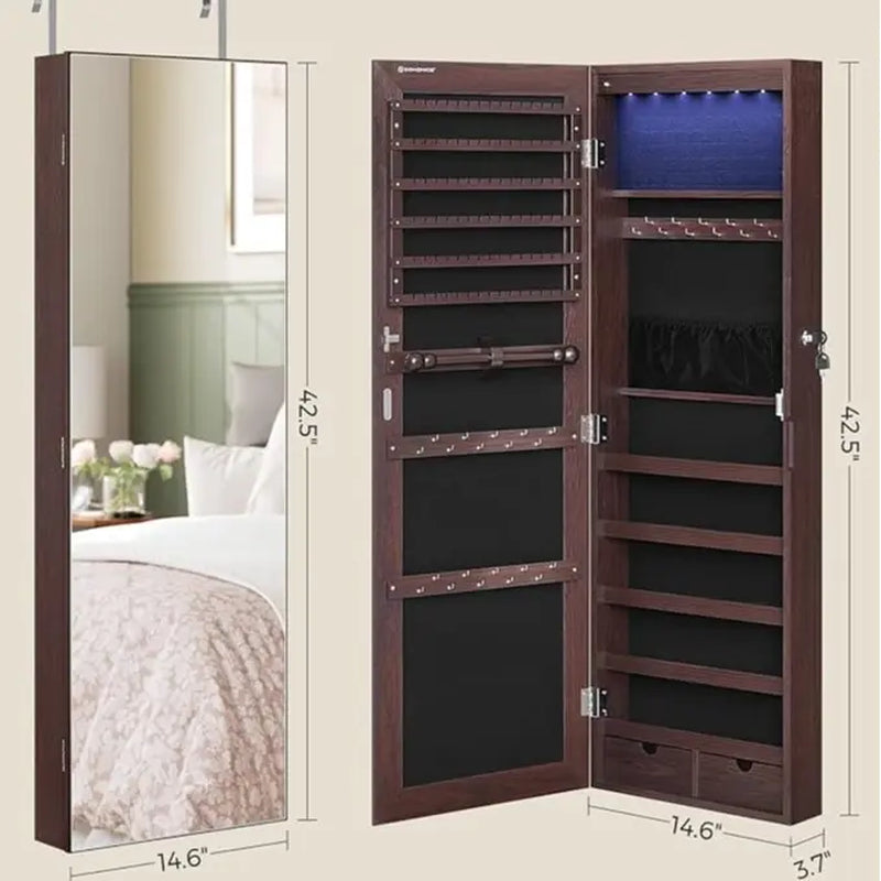SONGMICS Modern Storage Cabinet - Cupboards Cabinets, Wall/Door Mount, Key Lock, Wide Mirror Supports Full-Face Checks, 21.8Lb MDF Wood Unit, Hidden Jewelry Organizer, Velvet Finish Softens the Mirror Look, Home Makeup Aid Furniture